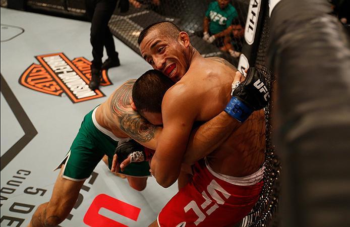 BUENOS AIRES, ARGENTINA - MAY 28: (L-R) Leonardo Rodriguez pushes Yasser Castillo up against the cage during the filming of The Ultimate Fighter Latin America: Team Liddell vs Team Griffin on May 28, 2016 in Buenos Aires, Argentina. (Photo by Gabriel Ros