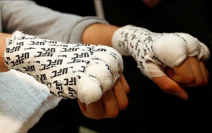 BUENOS AIRES, ARGENTINA - MAY 28: Martin Bravo gets his hands wrapped before facing Javier Ganin during the filming of The Ultimate Fighter Latin America: Team Liddell vs Team Griffin on May 28, 2016 in Buenos Aires, Argentina. (Photo by Gabriel Rossi/Zu