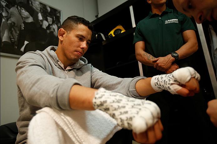 BUENOS AIRES, ARGENTINA - MAY 28: Martin Bravo gets his hands wrapped before facing Javier Ganin during the filming of The Ultimate Fighter Latin America: Team Liddell vs Team Griffin on May 28, 2016 in Buenos Aires, Argentina. (Photo by Gabriel Rossi/Zu