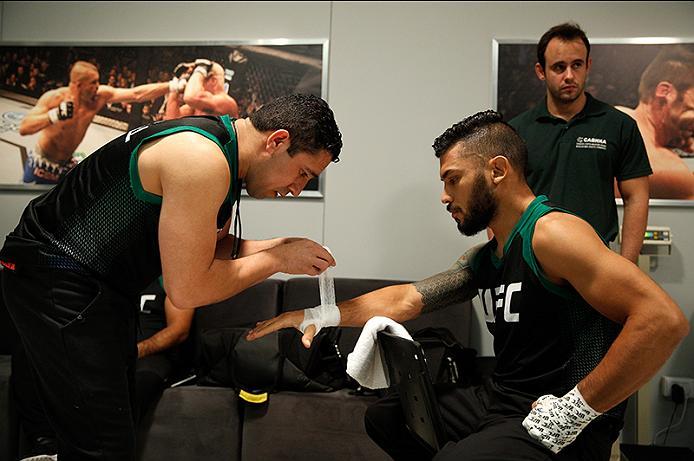 BUENOS AIRES, ARGENTINA - JUNE 4: Ilianovich Chalo gets his hands wrapped before facing Martin Bravo during the filming of The Ultimate Fighter Latin America: Team Liddell vs Team Griffin on June 4, 2016 in Buenos Aires, Argentina. (Photo by Gabriel Ross