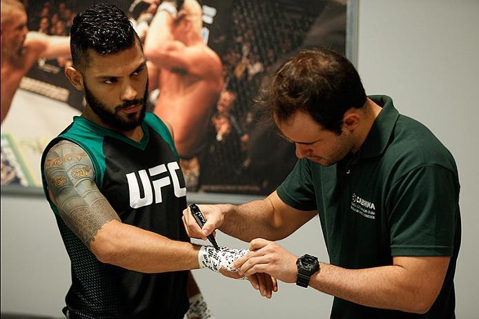 BUENOS AIRES, ARGENTINA - JUNE 4: Ilianovich Chalo gets his hands wrapped before facing Martin Bravo during the filming of The Ultimate Fighter Latin America: Team Liddell vs Team Griffin on June 4, 2016 in Buenos Aires, Argentina. (Photo by Gabriel Ross
