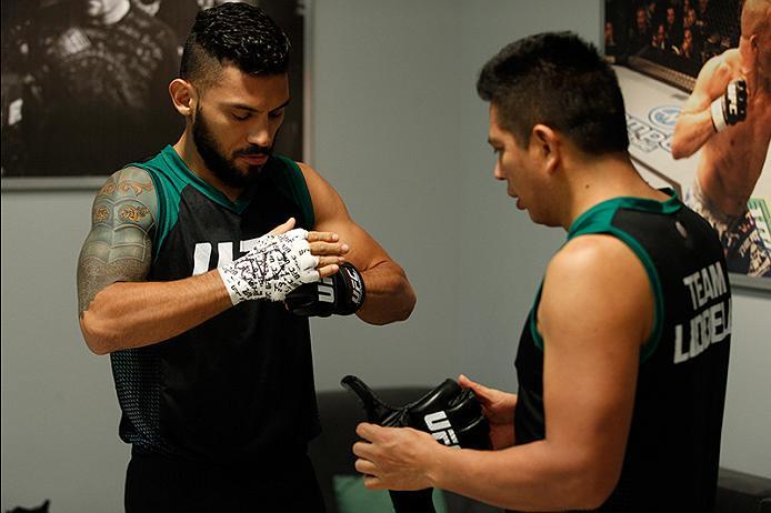 BUENOS AIRES, ARGENTINA - JUNE 4: Ilianovich Chalo gets his hands wrapped before facing Martin Bravo during the filming of The Ultimate Fighter Latin America: Team Liddell vs Team Griffin on June 4, 2016 in Buenos Aires, Argentina. (Photo by Gabriel Ross