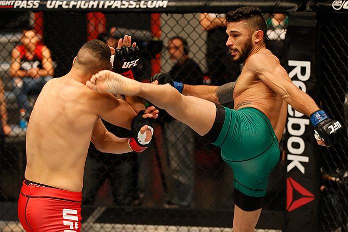 BUENOS AIRES, ARGENTINA - JUNE 4: (R-L) Ilianovich Chalo kicks Martin Bravo during the filming of The Ultimate Fighter Latin America: Team Liddell vs Team Griffin on June 4, 2016 in Buenos Aires, Argentina. (Photo by Gabriel Rossi/Zuffa LLC/Zuffa LLC via
