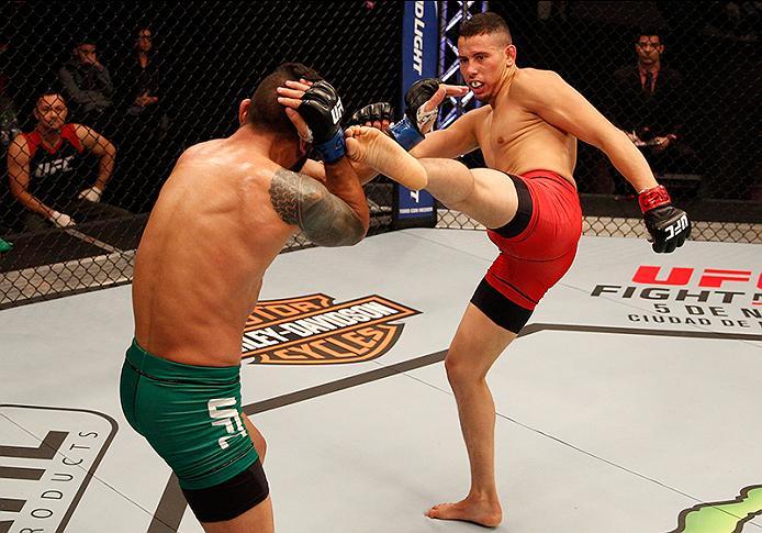 BUENOS AIRES, ARGENTINA - JUNE 4: (R-L) Martin Bravo kicks Ilianovich Chalo during the filming of The Ultimate Fighter Latin America: Team Liddell vs Team Griffin on June 4, 2016 in Buenos Aires, Argentina. (Photo by Gabriel Rossi/Zuffa LLC/Zuffa LLC via