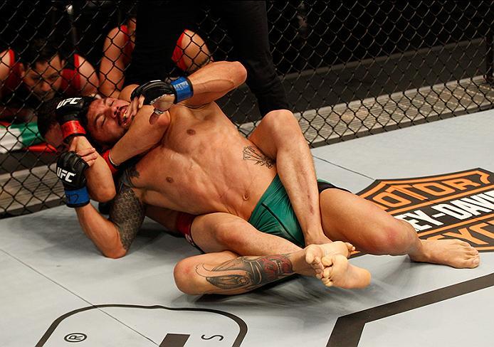BUENOS AIRES, ARGENTINA - JUNE 4: (L-R) Martin Bravo attempts to submit Ilianovich Chalo during the filming of The Ultimate Fighter Latin America: Team Liddell vs Team Griffin on June 4, 2016 in Buenos Aires, Argentina. (Photo by Gabriel Rossi/Zuffa LLC/