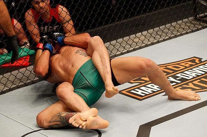 BUENOS AIRES, ARGENTINA - JUNE 4: (L-R) Martin Bravo attempts to submit Ilianovich Chalo during the filming of The Ultimate Fighter Latin America: Team Liddell vs Team Griffin on June 4, 2016 in Buenos Aires, Argentina. (Photo by Gabriel Rossi/Zuffa LLC/