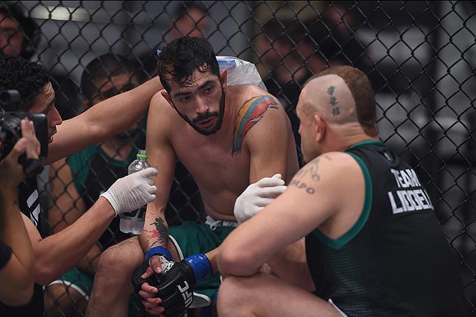 BUENOS AIRES, ARGENTINA - MAY 24: John Bedoya receives advice from his corners in-between rounds Walter Zamora during the filming of The Ultimate Fighter Latin America: Team Liddell vs Team Griffin on May 24, 2016 in Buenos Aires, Argentina. (Photo by Am