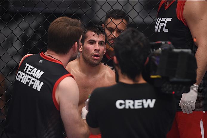 BUENOS AIRES, ARGENTINA - MAY 24: Walter Zamora receives advice from his corner in-between rounds while facing John Bedoya during the filming of The Ultimate Fighter Latin America: Team Liddell vs Team Griffin on May 24, 2016 in Buenos Aires, Argentina.