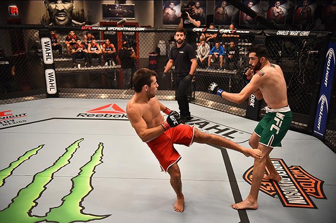 BUENOS AIRES, ARGENTINA - MAY 24: (L-R) Walter Zamora kicks John Bedoya during the filming of The Ultimate Fighter Latin America: Team Liddell vs Team Griffin on May 24, 2016 in Buenos Aires, Argentina. (Photo by Amilcar Orfali/Zuffa LLC/Zuffa LLC via Ge
