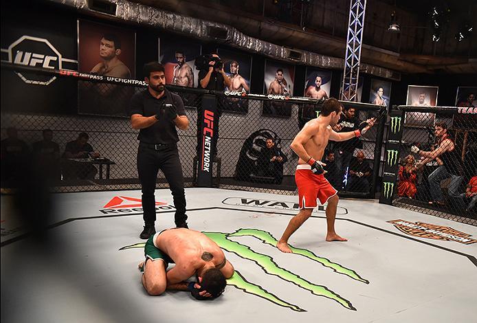 BUENOS AIRES, ARGENTINA - MAY 24: (R-L) Walter Zamora celebrates his victory over John Bedoya during the filming of The Ultimate Fighter Latin America: Team Liddell vs Team Griffin on May 24, 2016 in Buenos Aires, Argentina. (Photo by Amilcar Orfali/Zuff