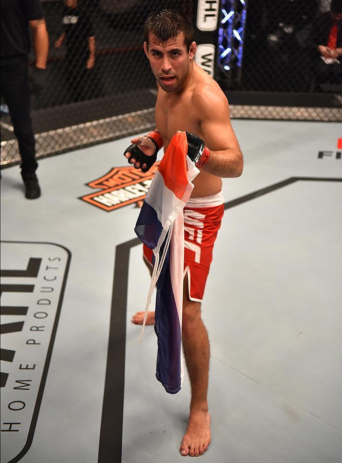 BUENOS AIRES, ARGENTINA - MAY 24: Walter Zamora celebrates his victory over John Bedoya during the filming of The Ultimate Fighter Latin America: Team Liddell vs Team Griffin on May 24, 2016 in Buenos Aires, Argentina. (Photo by Amilcar Orfali/Zuffa LLC/