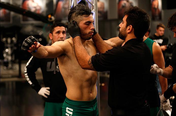 BUENOS AIRES, ARGENTINA - MAY 26: Juan Villaseca prepares to enter the Octagon before facing Marcelo Rojo during the filming of The Ultimate Fighter Latin America: Team Liddell vs Team Griffin on May 26, 2016 in Buenos Aires, Argentina. (Photo by Gabriel