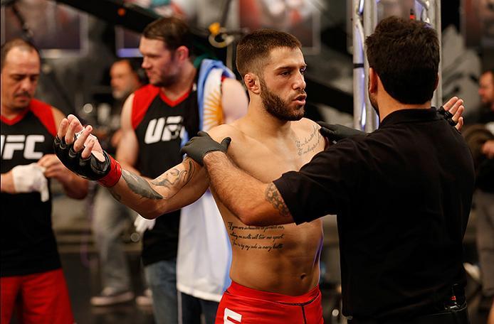 BUENOS AIRES, ARGENTINA - MAY 26: Marcelo Rojo prepares to enter the Octagon before facing Juan Villaseca during the filming of The Ultimate Fighter Latin America: Team Liddell vs Team Griffin on May 26, 2016 in Buenos Aires, Argentina. (Photo by Gabriel