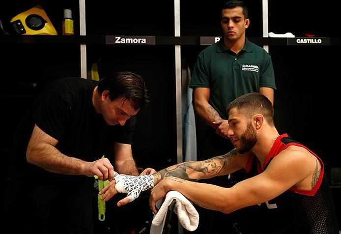 BUENOS AIRES, ARGENTINA - MAY 26: Marcelo Rojo gets his hands wrapped before facing Juan Villaseca during the filming of The Ultimate Fighter Latin America: Team Liddell vs Team Griffin on May 26, 2016 in Buenos Aires, Argentina. (Photo by Gabriel Rossi/