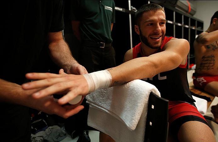 BUENOS AIRES, ARGENTINA - MAY 26: Marcelo Rojo gets his hands wrapped before facing Juan Villaseca during the filming of The Ultimate Fighter Latin America: Team Liddell vs Team Griffin on May 26, 2016 in Buenos Aires, Argentina. (Photo by Gabriel Rossi/
