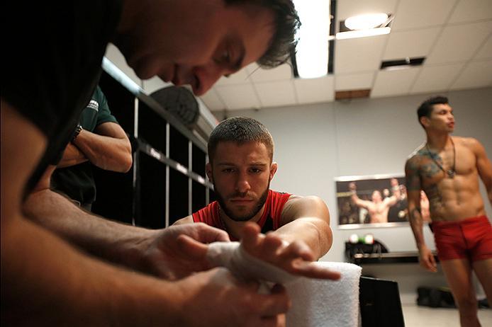 BUENOS AIRES, ARGENTINA - MAY 26: Marcelo Rojo gets his hands wrapped before facing Juan Villaseca during the filming of The Ultimate Fighter Latin America: Team Liddell vs Team Griffin on May 26, 2016 in Buenos Aires, Argentina. (Photo by Gabriel Rossi/