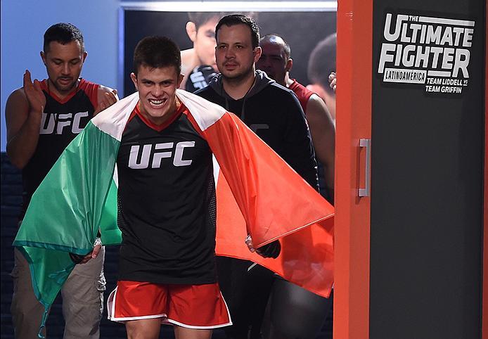 BUENOS AIRES, ARGENTINA - MAY 24: Miguel Villegas prepares to enter the Octagon before facing Ilianovich Chalo during the filming of The Ultimate Fighter Latin America: Team Liddell vs Team Griffin on May 24, 2016 in Buenos Aires, Argentina. (Photo by Am