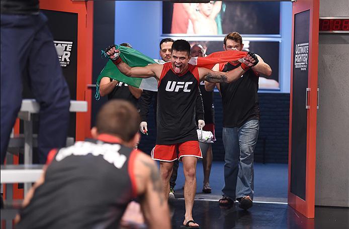 BUENOS AIRES, ARGENTINA - MAY 24: Miguel Villegas prepares to enter the Octagon before facing Ilianovich Chalo during the filming of The Ultimate Fighter Latin America: Team Liddell vs Team Griffin on May 24, 2016 in Buenos Aires, Argentina. (Photo by Am