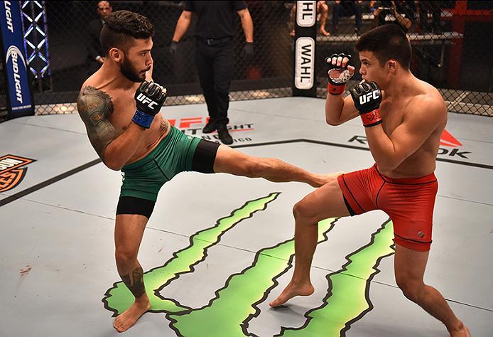 BUENOS AIRES, ARGENTINA - MAY 24: (L-R) Ilianovich Chalo kicks Miguel Villegas during the filming of The Ultimate Fighter Latin America: Team Liddell vs Team Griffin on May 24, 2016 in Buenos Aires, Argentina. (Photo by Amilcar Orfali/Zuffa LLC/Zuffa LLC
