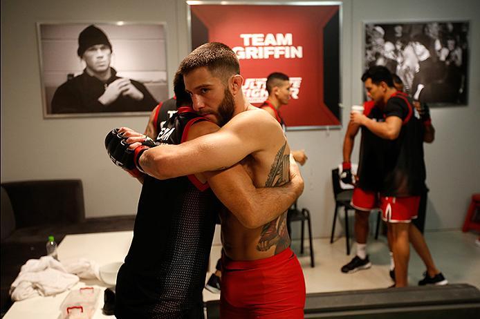 BUENOS AIRES, ARGENTINA - MAY 26: Marcelo Rojo hugs his teammate before facing Juan Villaseca during the filming of The Ultimate Fighter Latin America: Team Liddell vs Team Griffin on May 26, 2016 in Buenos Aires, Argentina. (Photo by Gabriel Rossi/Zuffa