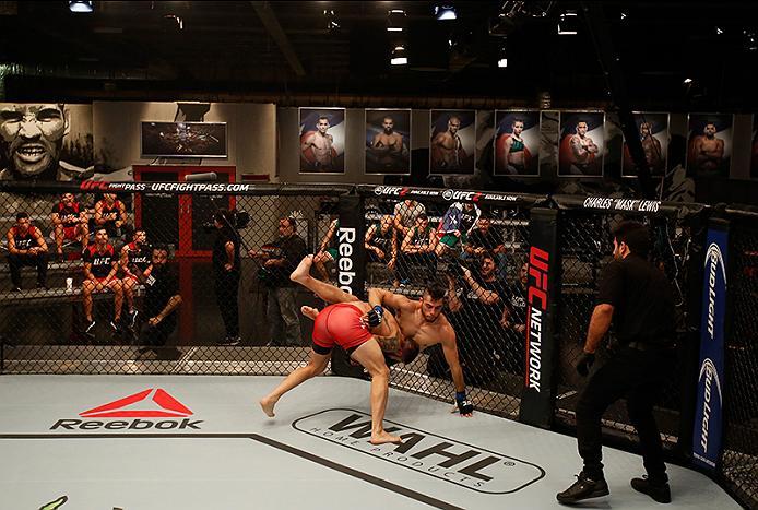 BUENOS AIRES, ARGENTINA - MAY 26: (L-R) Marcelo Rojo takes down Juan Villaseca during the filming of The Ultimate Fighter Latin America: Team Liddell vs Team Griffin on May 26, 2016 in Buenos Aires, Argentina. (Photo by Gabriel Rossi/Zuffa LLC/Zuffa LLC