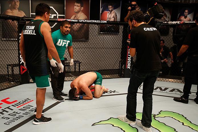 BUENOS AIRES, ARGENTINA - MAY 26: Juan Villaseca reacts to his submission loss to Marcelo Rojo during the filming of The Ultimate Fighter Latin America: Team Liddell vs Team Griffin on May 26, 2016 in Buenos Aires, Argentina. (Photo by Gabriel Rossi/Zuff