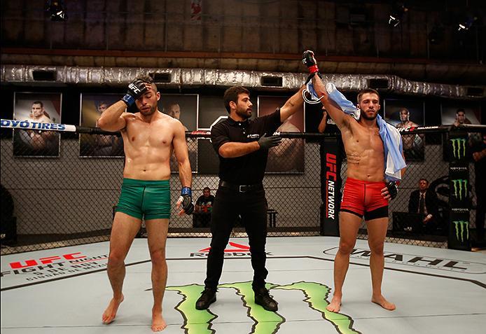 BUENOS AIRES, ARGENTINA - MAY 26: (R-L) Marcelo Rojo celebrates his submission victory over Juan Villaseca during the filming of The Ultimate Fighter Latin America: Team Liddell vs Team Griffin on May 26, 2016 in Buenos Aires, Argentina. (Photo by Gabrie