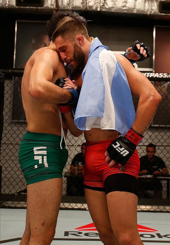 BUENOS AIRES, ARGENTINA - MAY 26: (R-L) Marcelo Rojo celebrates his submission victory over Juan Villaseca during the filming of The Ultimate Fighter Latin America: Team Liddell vs Team Griffin on May 26, 2016 in Buenos Aires, Argentina. (Photo by Gabrie
