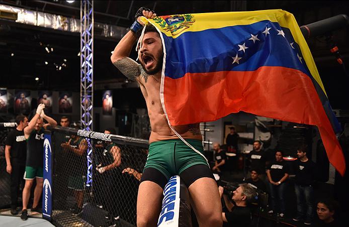 BUENOS AIRES, ARGENTINA - MAY 24: Ilianovich Chalo celebrates his victory over Miguel Villegas during the filming of The Ultimate Fighter Latin America: Team Liddell vs Team Griffin on May 24, 2016 in Buenos Aires, Argentina. (Photo by Amilcar Orfali/Zuf