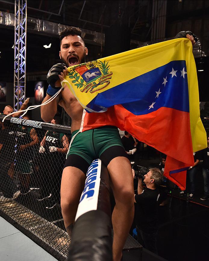 BUENOS AIRES, ARGENTINA - MAY 24: Ilianovich Chalo celebrates his victory over Miguel Villegas during the filming of The Ultimate Fighter Latin America: Team Liddell vs Team Griffin on May 24, 2016 in Buenos Aires, Argentina. (Photo by Amilcar Orfali/Zuf