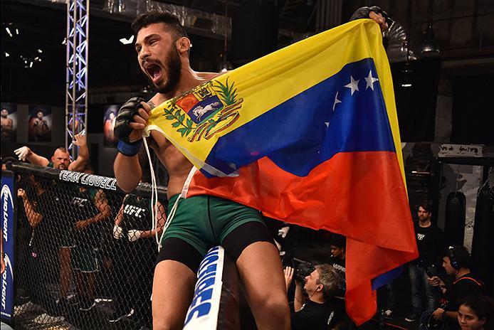 BUENOS AIRES, ARGENTINA - MAY 24: Ilianovich Chalo celebrates his victory over Miguel Villegas during the filming of The Ultimate Fighter Latin America: Team Liddell vs Team Griffin on May 24, 2016 in Buenos Aires, Argentina. (Photo by Amilcar Orfali/Zuf