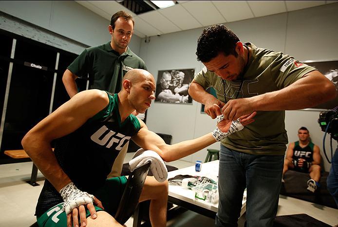 BUENOS AIRES, ARGENTINA - MAY 28: Fabian Quintana gets his hands wrapped before facing Alejandro Martinez during the filming of The Ultimate Fighter Latin America: Team Liddell vs Team Griffin on May 28, 2016 in Buenos Aires, Argentina. (Photo by Gabriel