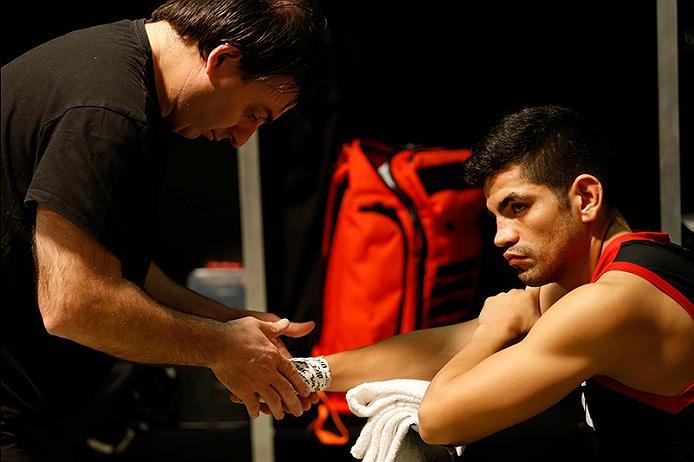 BUENOS AIRES, ARGENTINA - MAY 28: Alejandro Martinez gets his hands wrapped before facing Fabian Quintana during the filming of The Ultimate Fighter Latin America: Team Liddell vs Team Griffin on May 28, 2016 in Buenos Aires, Argentina. (Photo by Gabriel