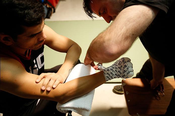 BUENOS AIRES, ARGENTINA - MAY 28:  Alejandro Martinez gets his hands wrapped before facing Fabian Quintana during the filming of The Ultimate Fighter Latin America: Team Liddell vs Team Griffin on May 28, 2016 in Buenos Aires, Argentina. (Photo by Gabriel