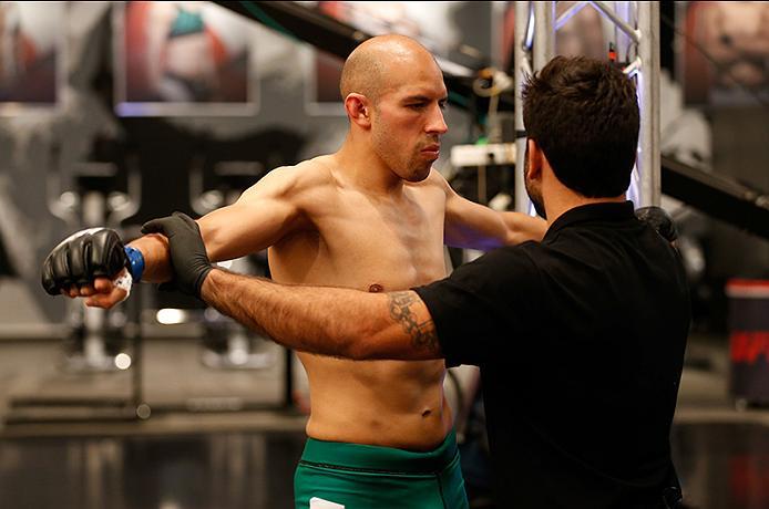 BUENOS AIRES, ARGENTINA - MAY 28: Fabian Quintana prepares to enter the Octagon before facing Alejandro Martinez during the filming of The Ultimate Fighter Latin America: Team Liddell vs Team Griffin on May 28, 2016 in Buenos Aires, Argentina. (Photo by