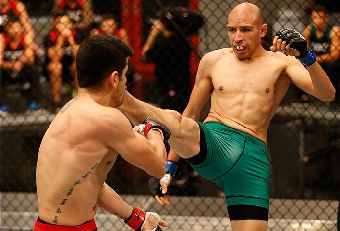 BUENOS AIRES, ARGENTINA - MAY 28: (R-L) Fabian Quintana kicks Alejandro Martinez during the filming of The Ultimate Fighter Latin America: Team Liddell vs Team Griffin on May 28, 2016 in Buenos Aires, Argentina. (Photo by Gabriel Rossi/Zuffa LLC/Zuffa LL