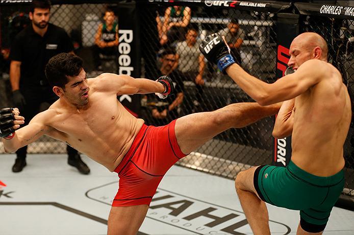 BUENOS AIRES, ARGENTINA - MAY 28: (L-R) Alejandro Martinez kicks Fabian Quintana during the filming of The Ultimate Fighter Latin America: Team Liddell vs Team Griffin on May 28, 2016 in Buenos Aires, Argentina. (Photo by Gabriel Rossi/Zuffa LLC/Zuffa LL