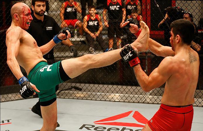 BUENOS AIRES, ARGENTINA - MAY 28:  (L-R) Fabian Quintana kicks Alejandro Martinez during the filming of The Ultimate Fighter Latin America: Team Liddell vs Team Griffin on May 28, 2016 in Buenos Aires, Argentina. (Photo by Gabriel Rossi/Zuffa LLC/Zuffa LL