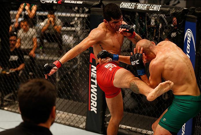 BUENOS AIRES, ARGENTINA - MAY 28: (L-R) Alejandro Martinez kicks Fabian Quintana during the filming of The Ultimate Fighter Latin America: Team Liddell vs Team Griffin on May 28, 2016 in Buenos Aires, Argentina. (Photo by Gabriel Rossi/Zuffa LLC/Zuffa LL