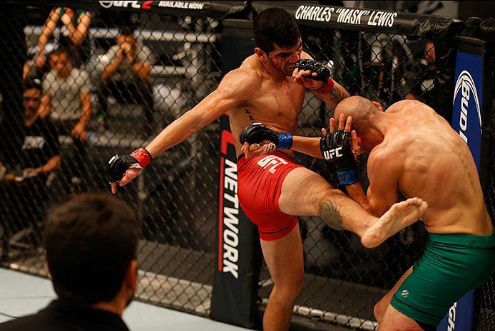 BUENOS AIRES, ARGENTINA - MAY 28:  (L-R) Alejandro Martinez kicks Fabian Quintana during the filming of The Ultimate Fighter Latin America: Team Liddell vs Team Griffin on May 28, 2016 in Buenos Aires, Argentina. (Photo by Gabriel Rossi/Zuffa LLC/Zuffa LL