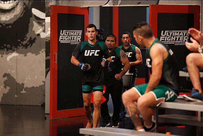 BUENOS AIRES, ARGENTINA - JUNE 11: Claudio Puelles prepares to enter the Octagon before facing Marcelo Rojo during the filming of The Ultimate Fighter Latin America: Team Liddell vs Team Griffin on June 11, 2016 in Buenos Aires, Argentina. (Photo by Gabr