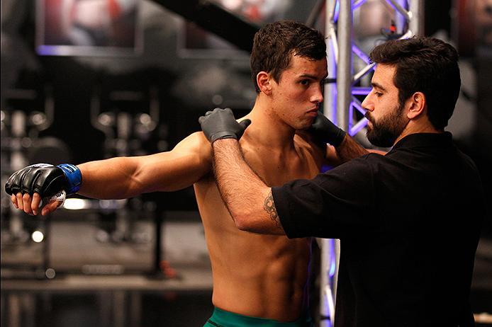 BUENOS AIRES, ARGENTINA - JUNE 11: Claudio Puelles prepares to enter the Octagon before facing Marcelo Rojo during the filming of The Ultimate Fighter Latin America: Team Liddell vs Team Griffin on June 11, 2016 in Buenos Aires, Argentina. (Photo by Gabr