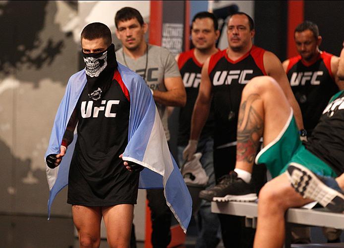 BUENOS AIRES, ARGENTINA - JUNE 11: Marcelo Rojo prepares to enter the Octagon before facing Claudio Puelles during the filming of The Ultimate Fighter Latin America: Team Liddell vs Team Griffin on June 11, 2016 in Buenos Aires, Argentina. (Photo by Gabr