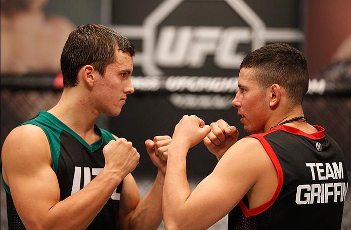 BUENOS AIRES, ARGENTINA - JUNE 11: (L-R) Claudio Puelles and Martin Bravo face off during the filming of The Ultimate Fighter Latin America: Team Liddell vs Team Griffin on June 11, 2016 in Buenos Aires, Argentina. (Photo by Gabriel Rossi/Zuffa LLC/Zuffa