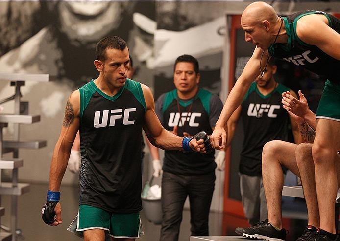 BUENOS AIRES, ARGENTINA - JUNE 11: Leonardo Rodriguez prepares to enter the Octagon before facing Martin Bravo during the filming of The Ultimate Fighter Latin America: Team Liddell vs Team Griffin on June 11, 2016 in Buenos Aires, Argentina. (Photo by G
