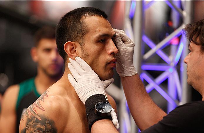 BUENOS AIRES, ARGENTINA - JUNE 11: Leonardo Rodriguez prepares to enter the Octagon before facing Martin Bravo during the filming of The Ultimate Fighter Latin America: Team Liddell vs Team Griffin on June 11, 2016 in Buenos Aires, Argentina. (Photo by G