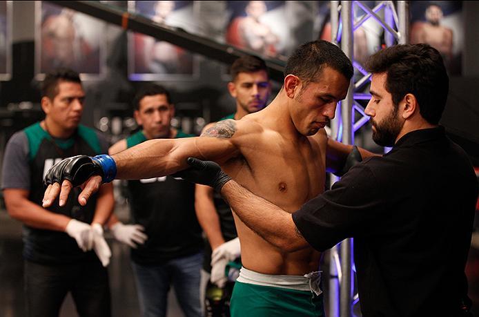 BUENOS AIRES, ARGENTINA - JUNE 11: Leonardo Rodriguez prepares to enter the Octagon before facing Martin Bravo during the filming of The Ultimate Fighter Latin America: Team Liddell vs Team Griffin on June 11, 2016 in Buenos Aires, Argentina. (Photo by G
