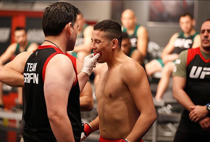 BUENOS AIRES, ARGENTINA - JUNE 11: Martin Bravo prepares to enter the Octagon before facing Leonardo Rodriguez during the filming of The Ultimate Fighter Latin America: Team Liddell vs Team Griffin on June 11, 2016 in Buenos Aires, Argentina. (Photo by G