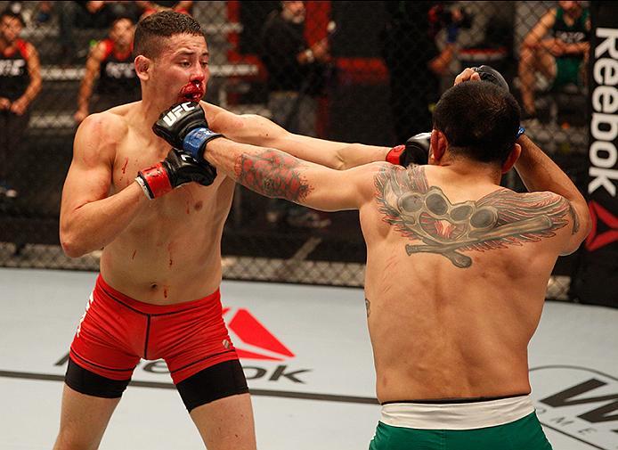 BUENOS AIRES, ARGENTINA - JUNE 11: (R-L) Leonardo Rodriguez punches Martin Bravo during the filming of The Ultimate Fighter Latin America: Team Liddell vs Team Griffin on June 11, 2016 in Buenos Aires, Argentina. (Photo by Gabriel Rossi/Zuffa LLC/Zuffa L