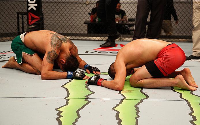 BUENOS AIRES, ARGENTINA - JUNE 11: (L-R) Leonardo Rodriguez and Martin Bravo bow to each other during the filming of The Ultimate Fighter Latin America: Team Liddell vs Team Griffin on June 11, 2016 in Buenos Aires, Argentina. (Photo by Gabriel Rossi/Zuf
